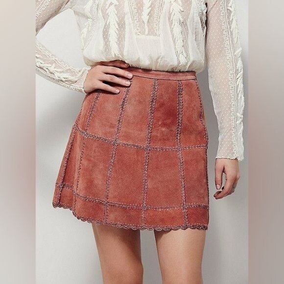Free People Genuine Suede Pieced Together Patchwork High Waist Mini Skirt - Picture 2 of 4